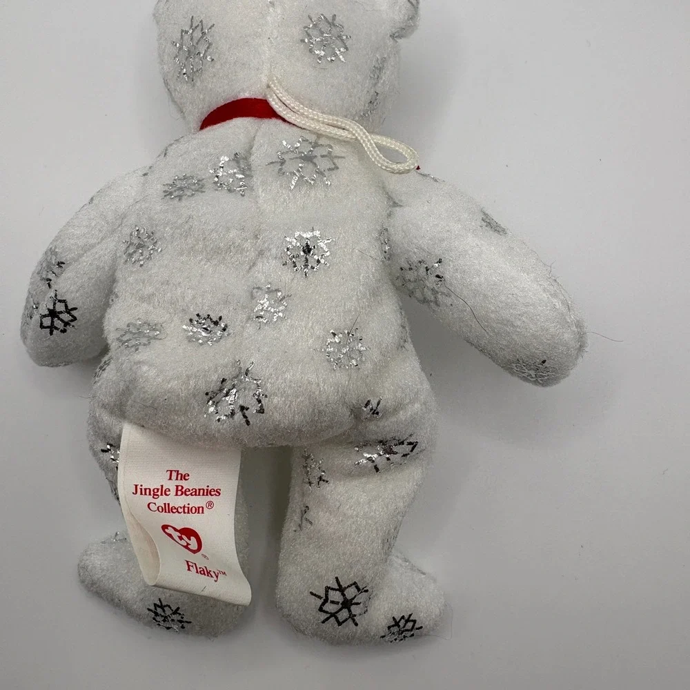 Ty Jingle Beanies Flaky the Bear 2008 White Silver Snowflake Plush Ornament 5